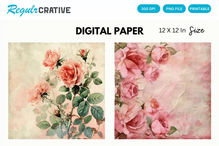 Vintage Pink Roses Digital Paper, Pink Roses Background