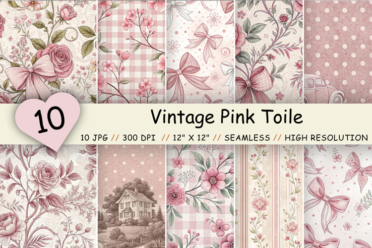 Vintage Pink Toile Digital Paper, Coquette Bow Patterns