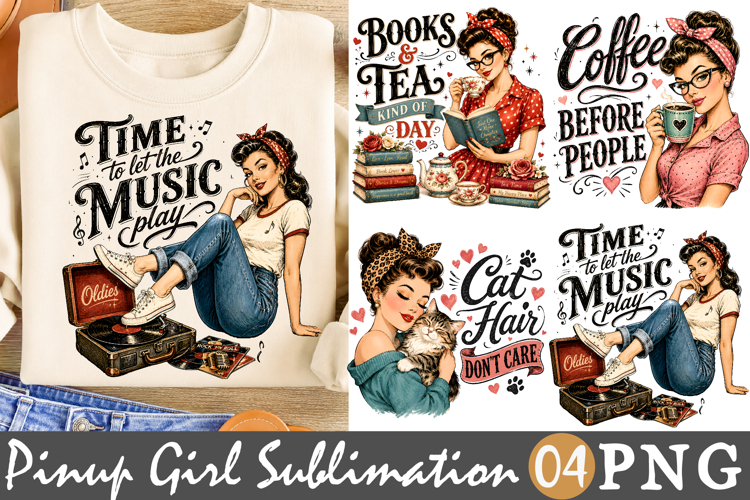Vintage Pinup Girl Sublimation, Retro Books Coffee Cat Music