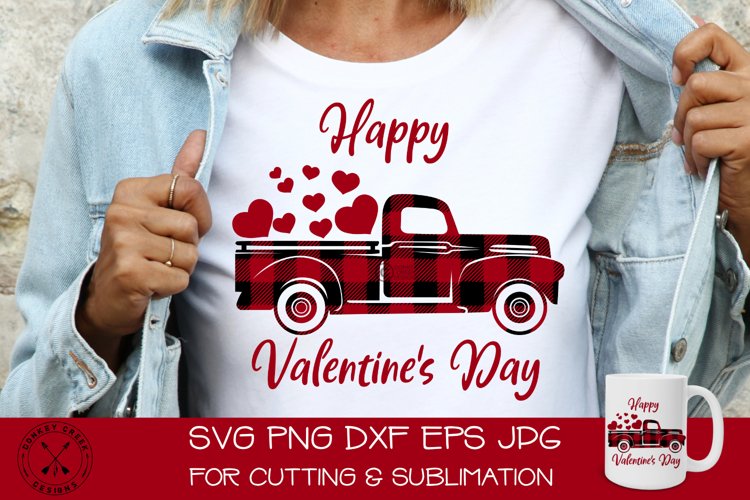 Valentine's Day Red Plaid Truck svg shown by model wearing white shirt