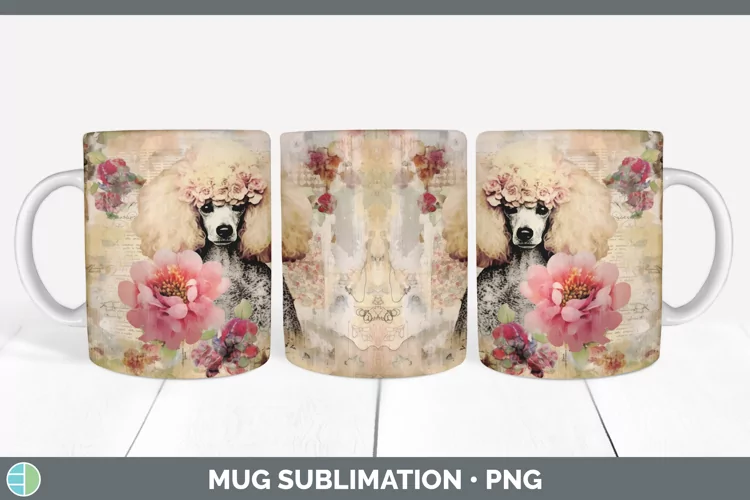 Vintage Poodle Dog Mug Wrap | Sublimation Coffee Cup Designs