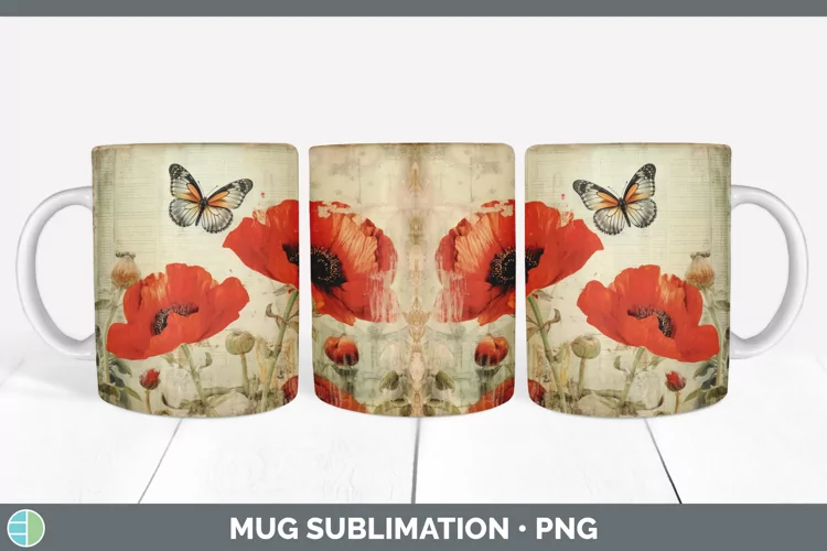 Vintage Poppy Flowers Mug Wrap | Sublimation Coffee Cup Desi