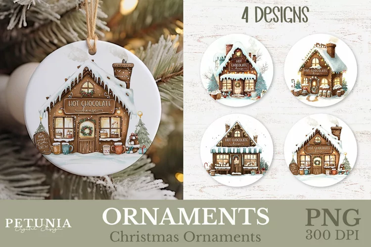 Hot Chocolate House Ornament | Round Christmas Ornament PNG