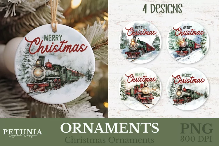 Vintage Train Ornament | Round Christmas Ornament PNG