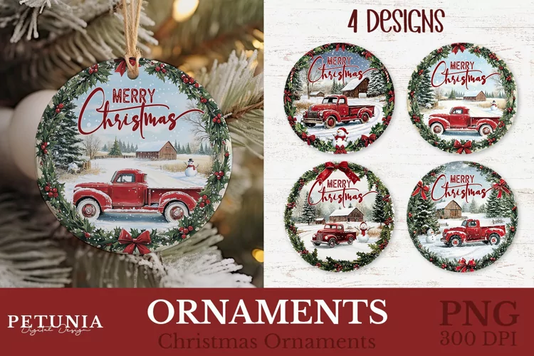 Vintage Red Truck Ornament | Round Christmas Ornament PNG