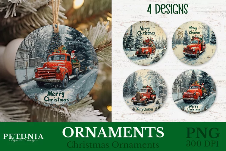 Vintage TruckOrnament | Round Christmas Ornament PNG