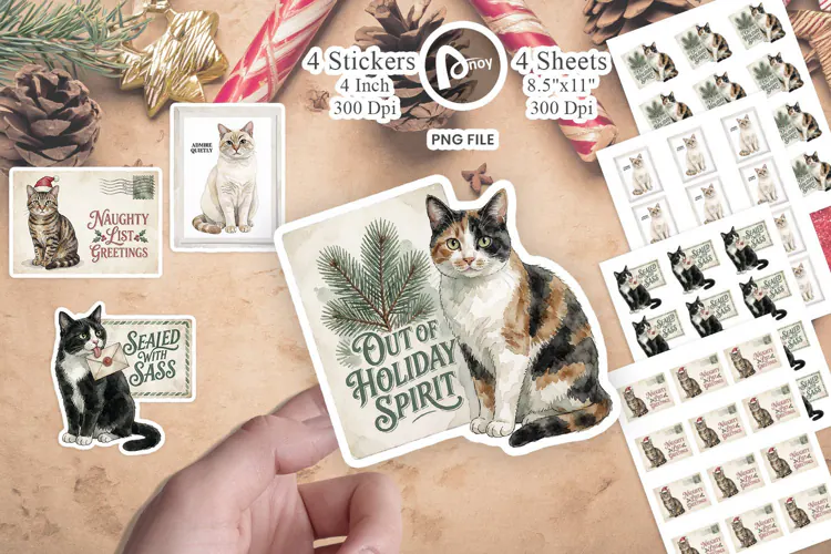 Vintage Postcard Catmas Greetings Sticker