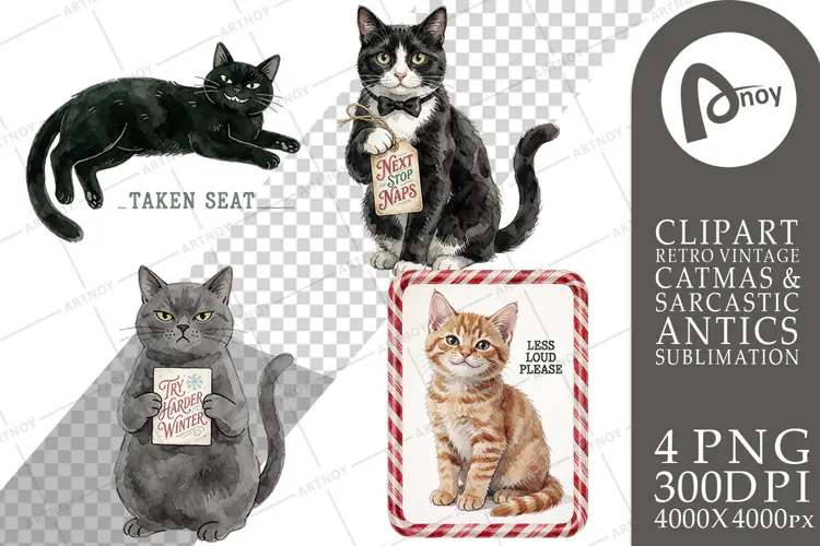 Vintage Postcard Catmas Greetings Sublimation