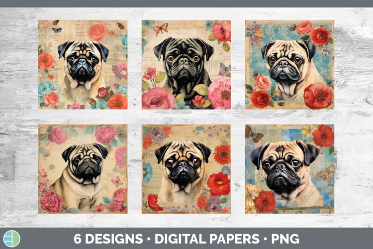 Vintage Pug Dog Paper Backgrounds | Digital Scrapbook Papers