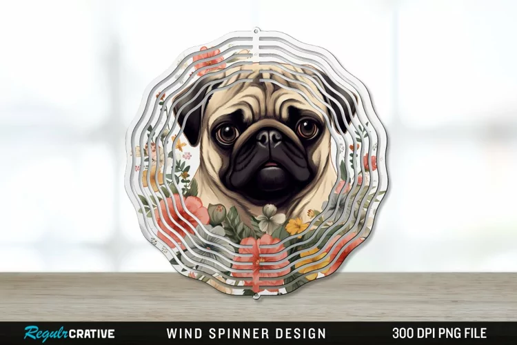 Vintage Pug Dog Wind Spinner Sublimation PNG Design