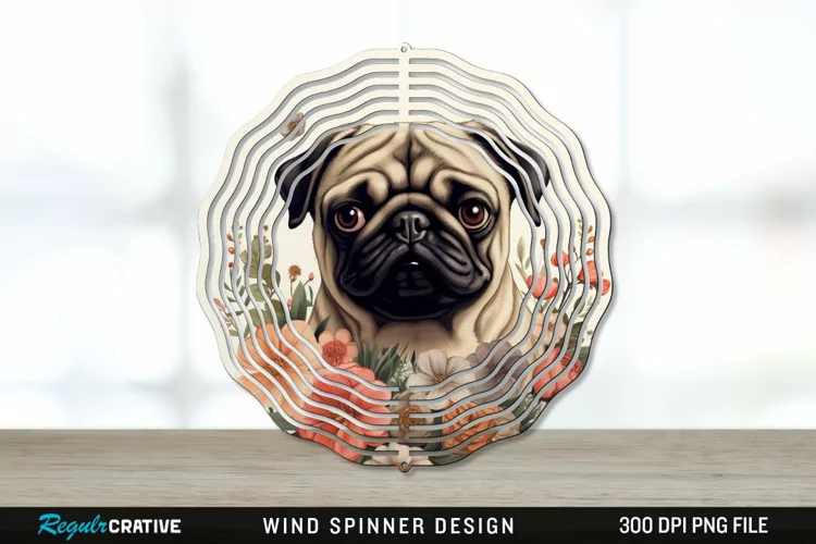Vintage Pug Dog Wind Spinner Sublimation PNG Design