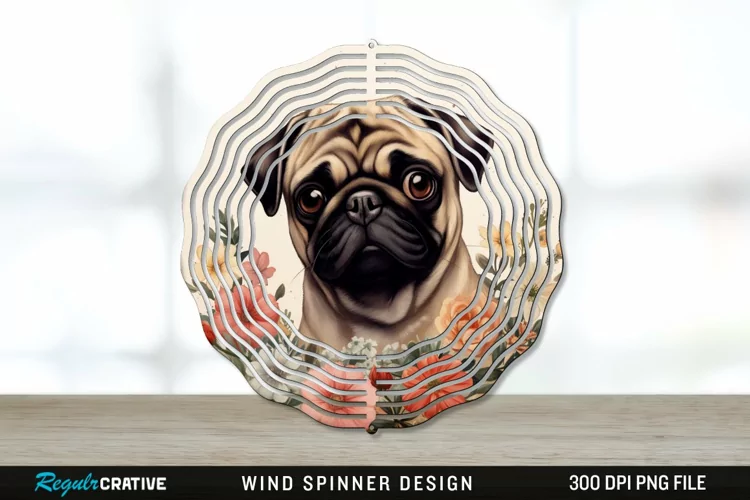 Vintage Pug Dog Wind Spinner Sublimation PNG Design