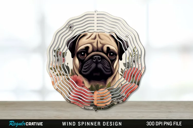 Vintage Pug Dog Wind Spinner Sublimation PNG Design