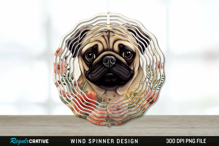 Vintage Pug Dog Wind Spinner Sublimation PNG Design
