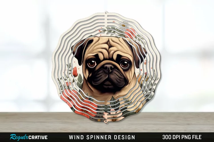 Vintage Pug Dog Wind Spinner Sublimation PNG Design