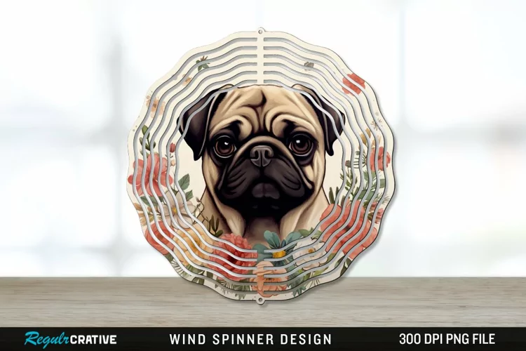 Vintage Pug Dog Wind Spinner Sublimation PNG Design