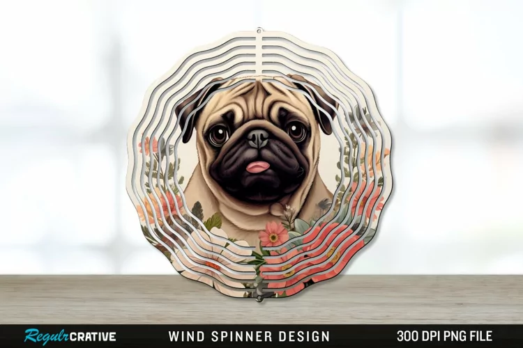 Vintage Pug Dog Wind Spinner Sublimation PNG Design