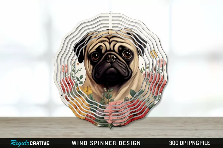 Vintage Pug Dog Wind Spinner Sublimation PNG Design