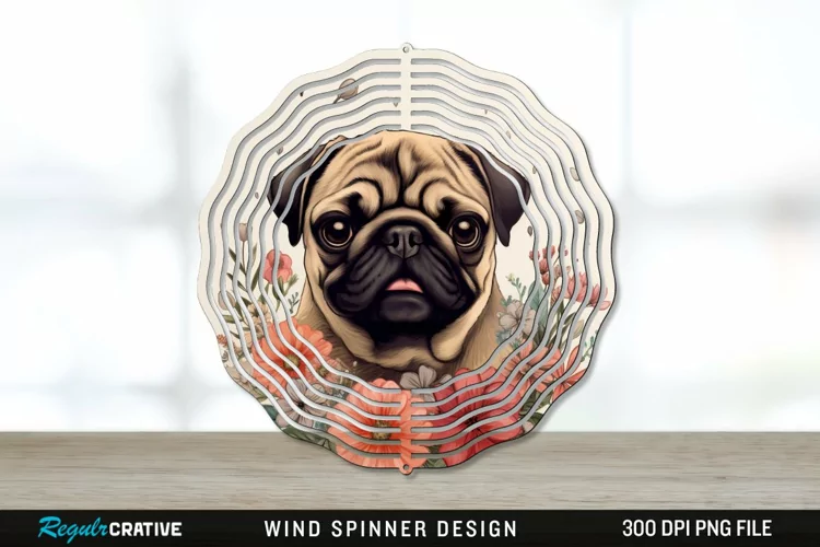 Vintage Pug Dog Wind Spinner Sublimation PNG Design