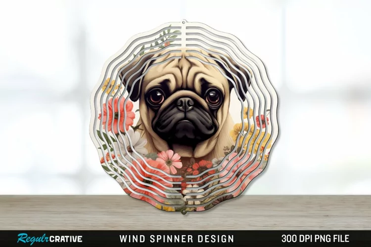 Vintage Pug Dog Wind Spinner Sublimation PNG Design
