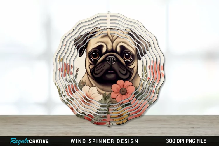 Vintage Pug Dog Wind Spinner Sublimation PNG Design