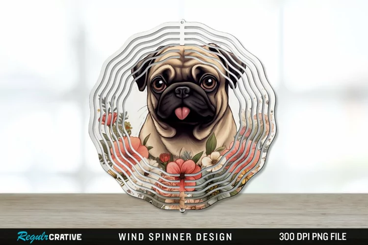 Vintage Pug Dog Wind Spinner Sublimation PNG Design