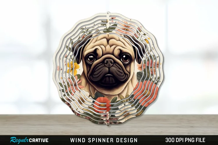 Vintage Pug Dog Wind Spinner Sublimation PNG Design