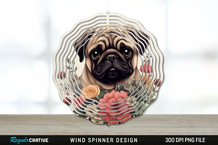 Vintage Pug Dog Wind Spinner Sublimation PNG Design
