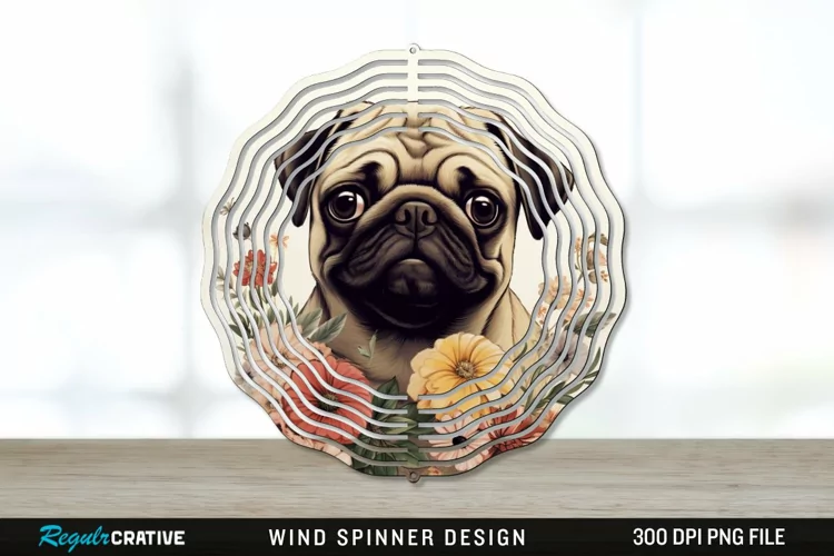 Vintage Pug Dog Wind Spinner Sublimation PNG Design