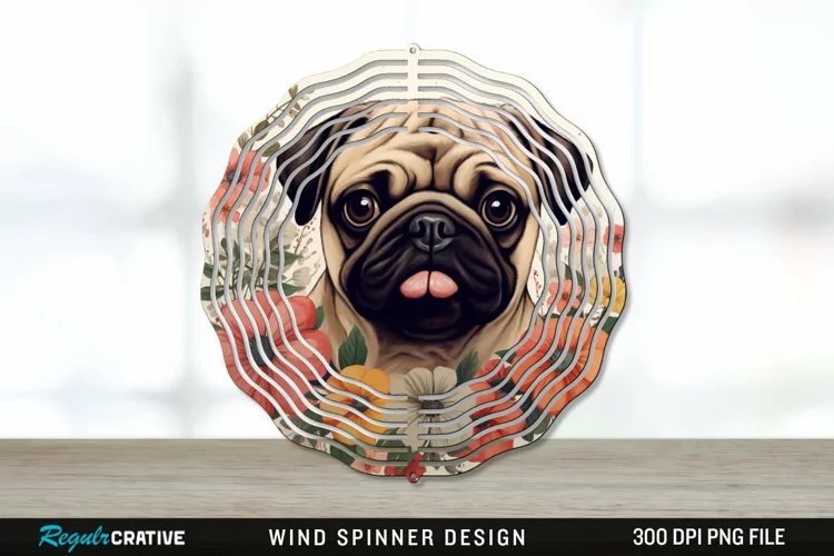 Vintage Pug Dog Wind Spinner Sublimation PNG Design
