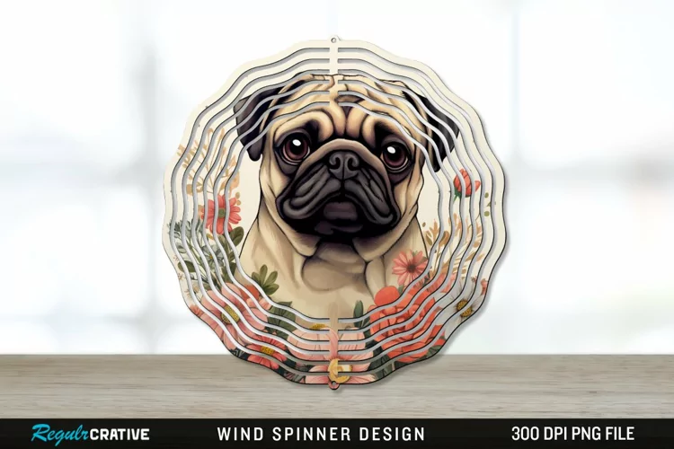 Vintage Pug Dog Wind Spinner Sublimation PNG Design
