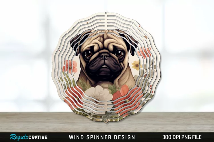 Vintage Pug Dog Wind Spinner Sublimation PNG Design
