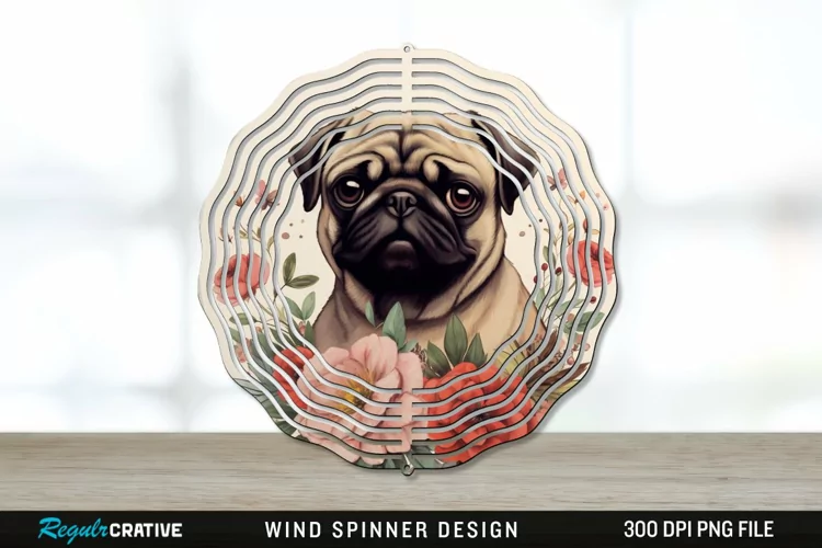 Vintage Pug Dog Wind Spinner Sublimation PNG Design