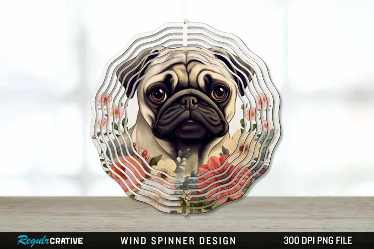 Vintage Pug Dog Wind Spinner Sublimation PNG Design