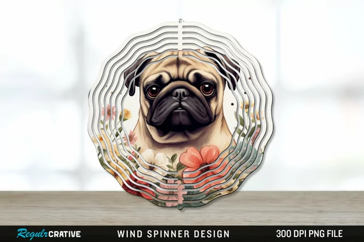Vintage Pug Dog Wind Spinner Sublimation PNG Design