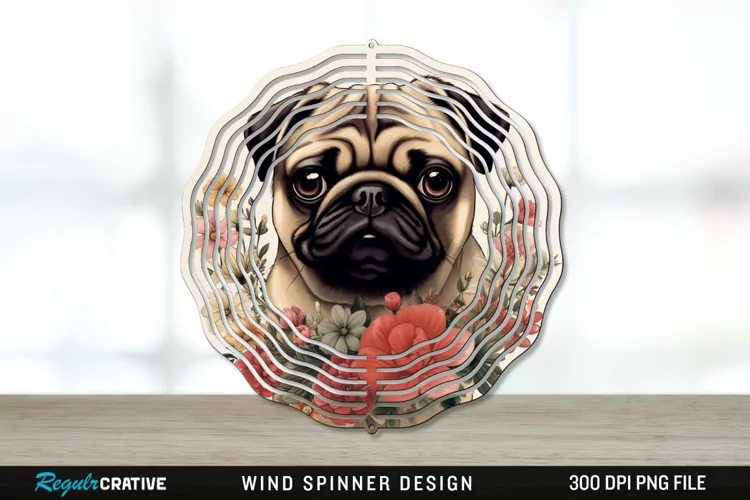 Vintage Pug Dog Wind Spinner Sublimation PNG Design