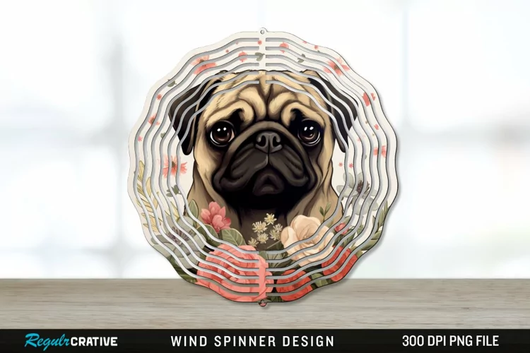 Vintage Pug Dog Wind Spinner Sublimation PNG Design