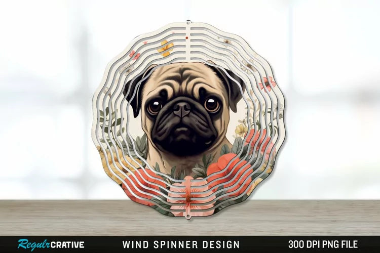 Vintage Pug Dog Wind Spinner Sublimation PNG Design