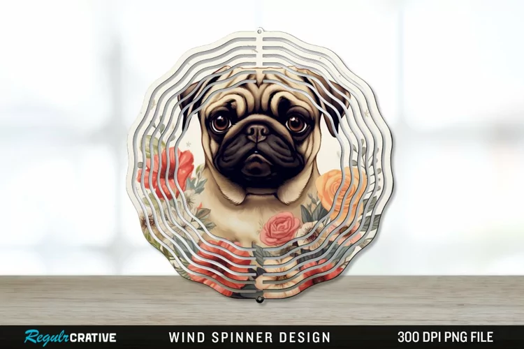 Vintage Pug Dog Wind Spinner Sublimation PNG Design