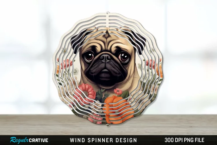 Vintage Pug Dog Wind Spinner Sublimation PNG Design