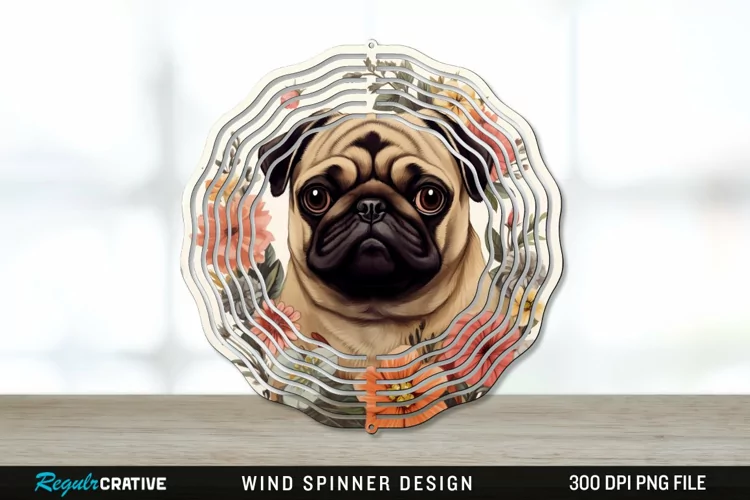 Vintage Pug Dog Wind Spinner Sublimation PNG Design