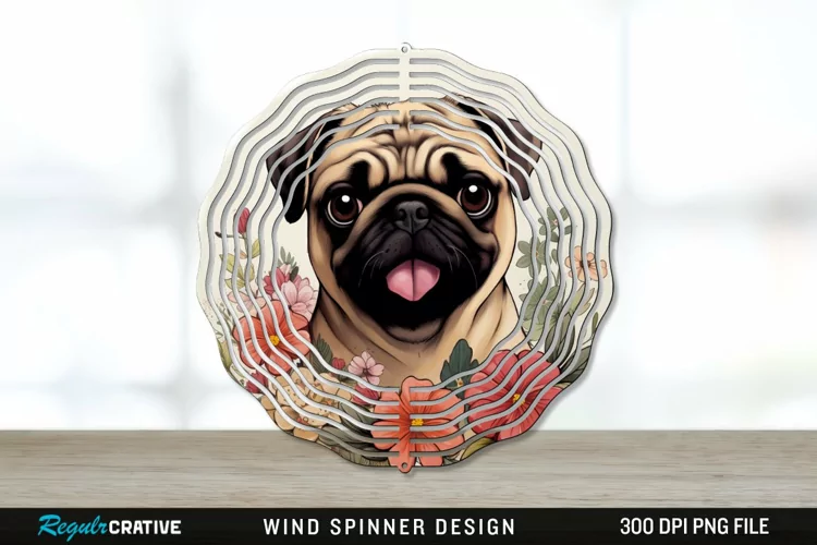 Vintage Pug Dog Wind Spinner Sublimation PNG Design