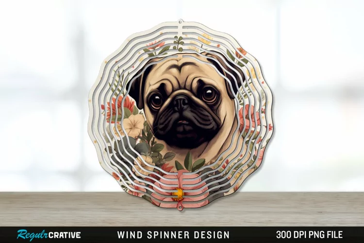 Vintage Pug Dog Wind Spinner Sublimation PNG Design