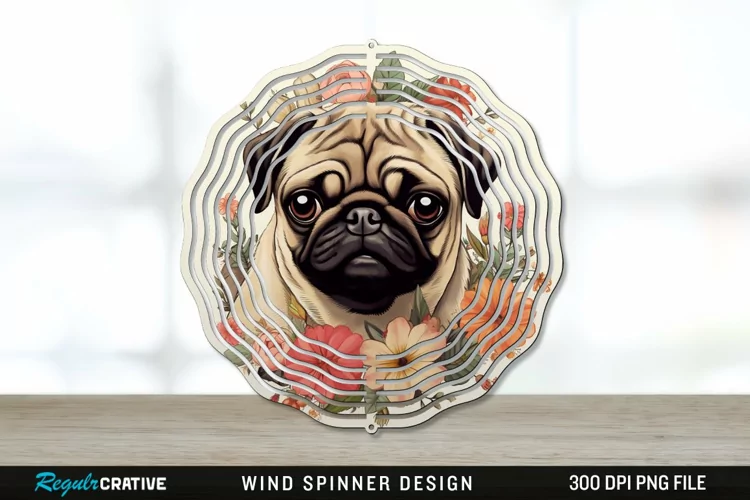 Vintage Pug Dog Wind Spinner Sublimation PNG Design