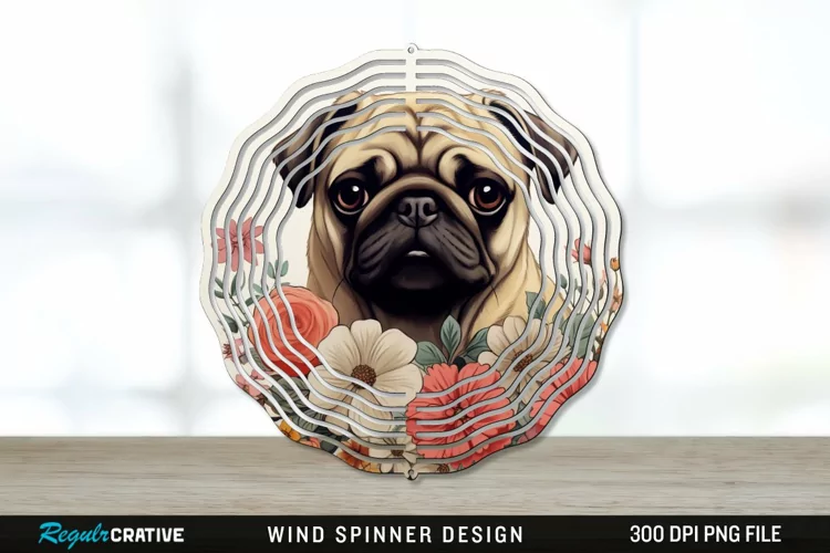 Vintage Pug Dog Wind Spinner Sublimation PNG Design