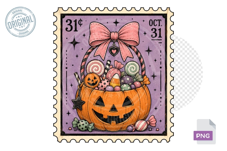 Vintage Pumpkin Candy Halloween Stamp PNG Sublimation Art