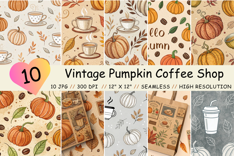 Vintage Pumpkin Coffee Shop Digital Paper, Seamless Pattern