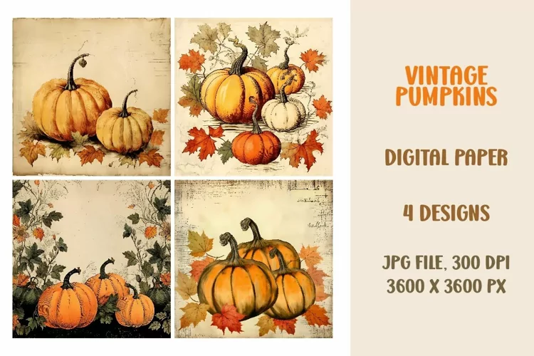 Fall Vintage Pumpkins, Digital Paper, Scrapbook Paper