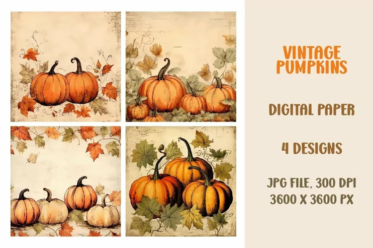 Fall Vintage Pumpkins, Digital Paper, Scrapbook Paper
