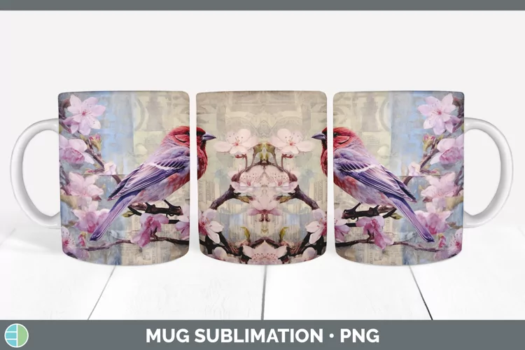 Vintage Purple Finch Bird Mug Wrap | Sublimation Coffee Cup